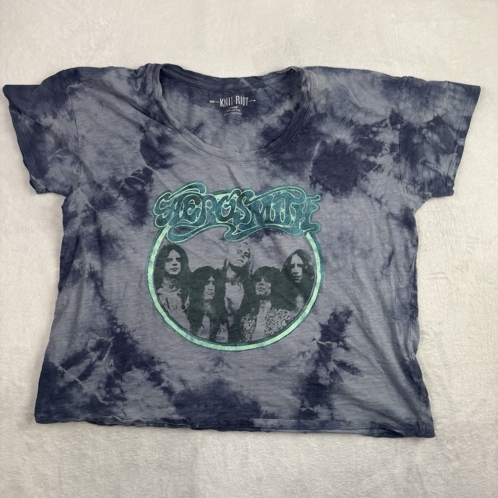 Knit Riot Aerosmith Blue Tie-Dye Short Sleeve Graphic Top Women's Large